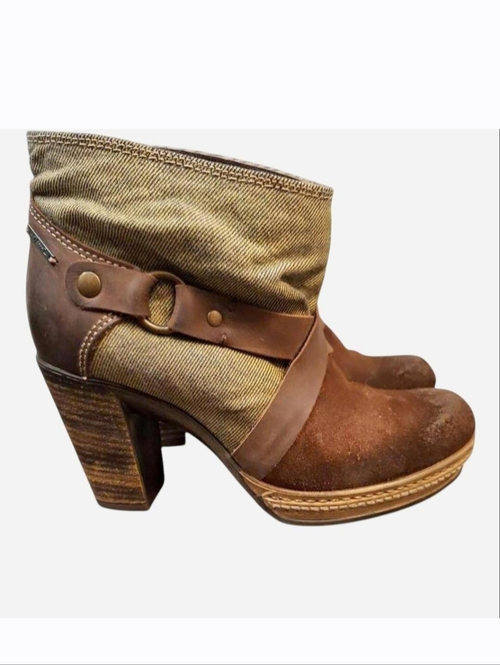 Diesel Brown Suede and Tan Fabric Heeled Ankle Boots